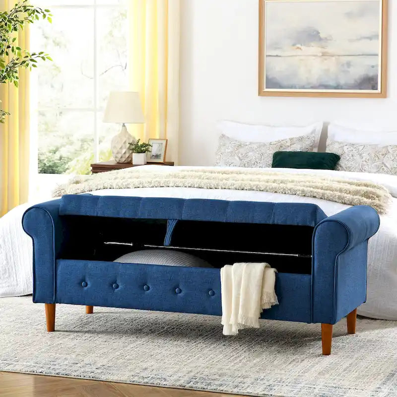 Banco de almacenamiento tapizado en tela gris/negro/beige/azul, con brazos enrollados, capacidad para 2 personas