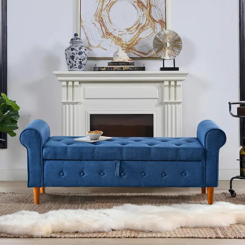 Banco de almacenamiento tapizado en tela gris/negro/beige/azul, con brazos enrollados, capacidad para 2 personas