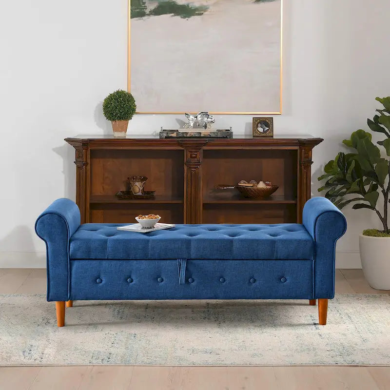 Banco de almacenamiento tapizado en tela gris/negro/beige/azul, con brazos enrollados, capacidad para 2 personas