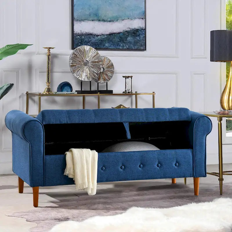 Banco de almacenamiento tapizado en tela gris/negro/beige/azul, con brazos enrollados, capacidad para 2 personas