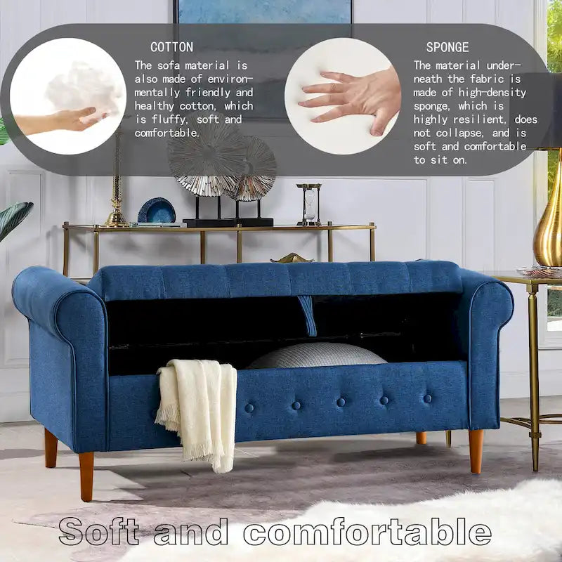 Banco de almacenamiento tapizado en tela gris/negro/beige/azul, con brazos enrollados, capacidad para 2 personas