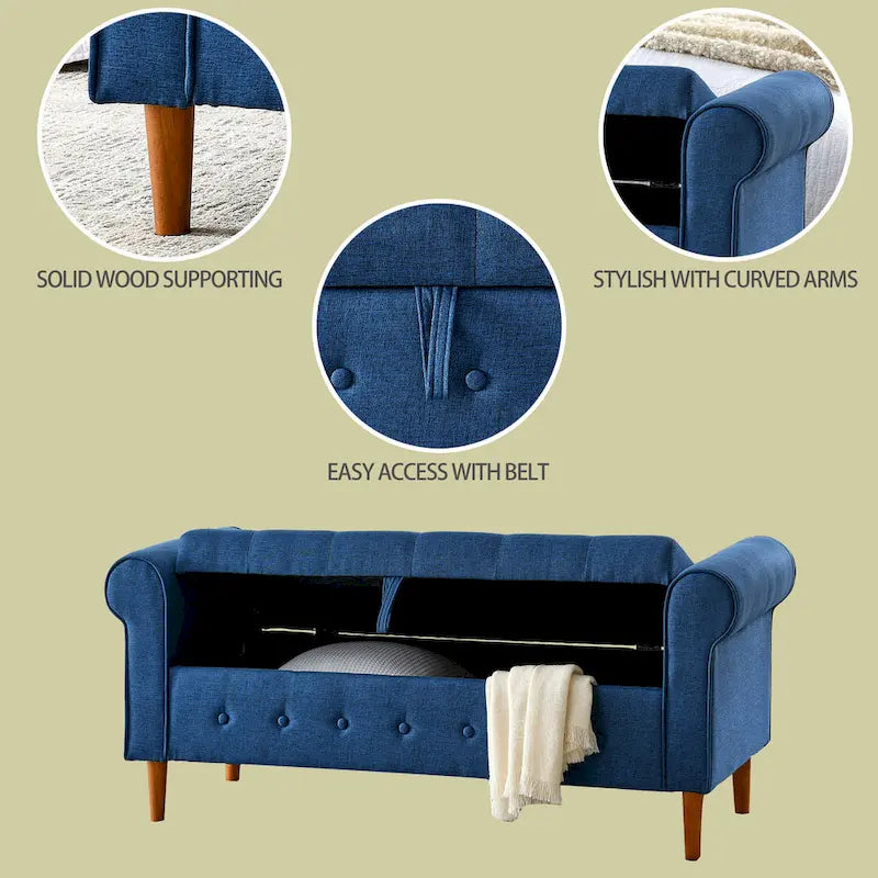 Banco de almacenamiento tapizado en tela gris/negro/beige/azul, con brazos enrollados, capacidad para 2 personas