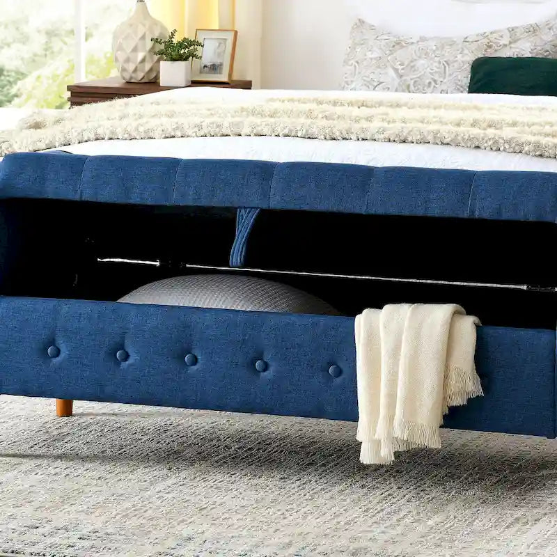 Banco de almacenamiento tapizado en tela gris/negro/beige/azul, con brazos enrollados, capacidad para 2 personas