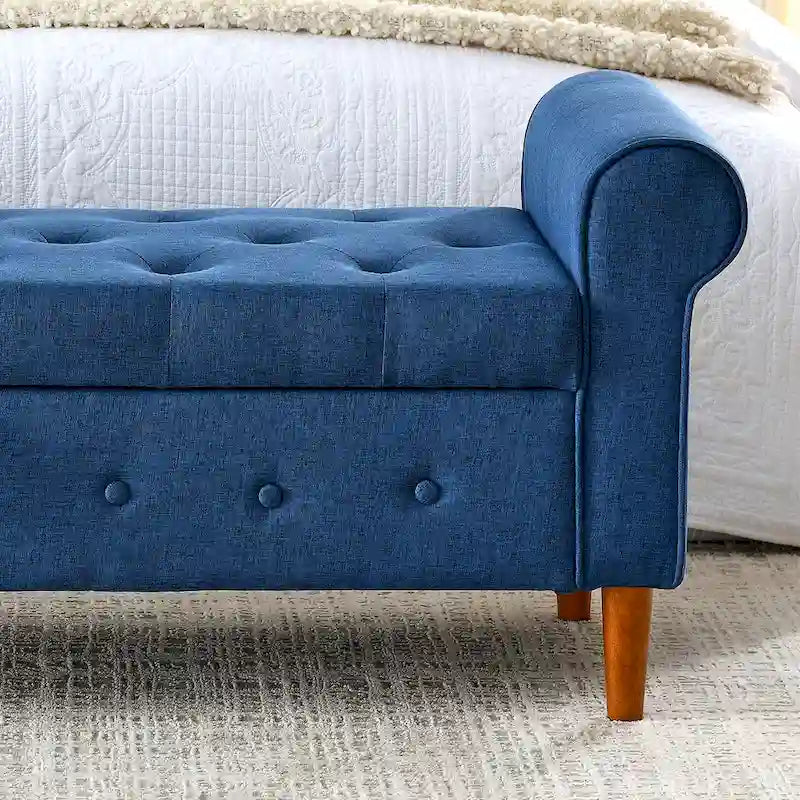 Banco de almacenamiento tapizado en tela gris/negro/beige/azul, con brazos enrollados, capacidad para 2 personas