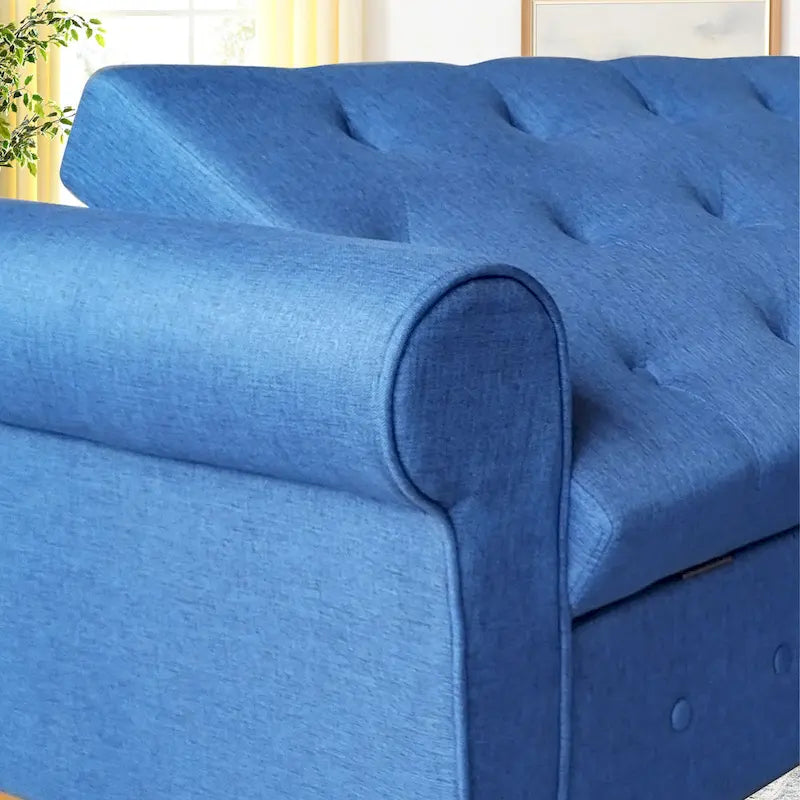 Banco de almacenamiento tapizado en tela gris/negro/beige/azul, con brazos enrollados, capacidad para 2 personas