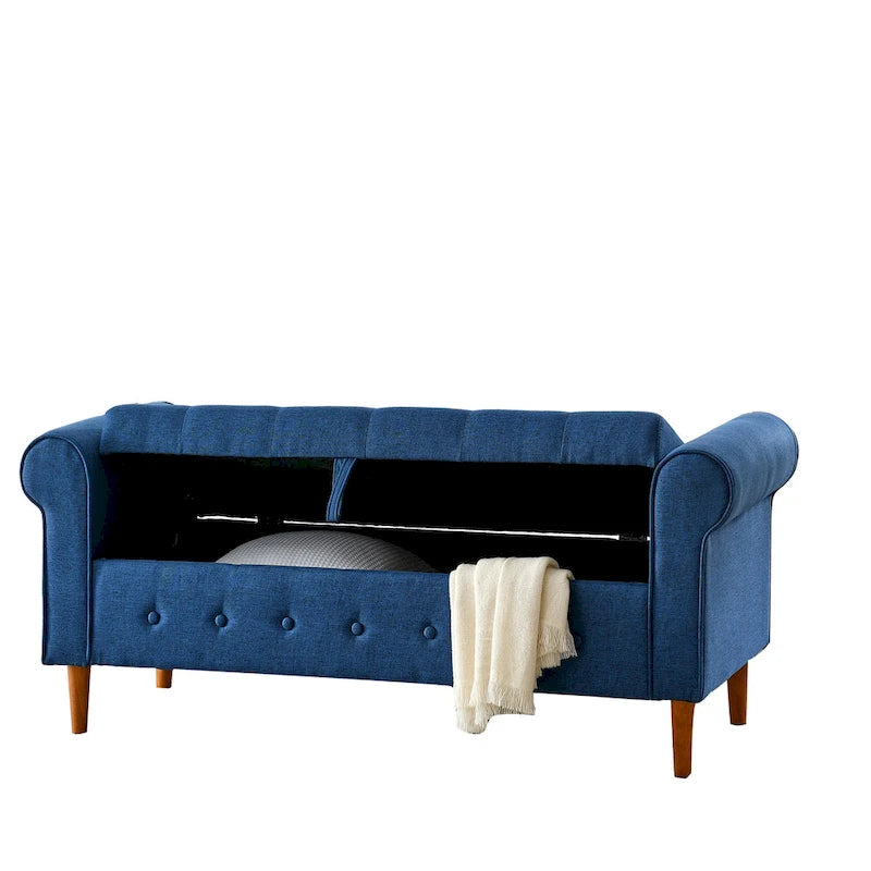 Banco de almacenamiento tapizado en tela gris/negro/beige/azul, con brazos enrollados, capacidad para 2 personas