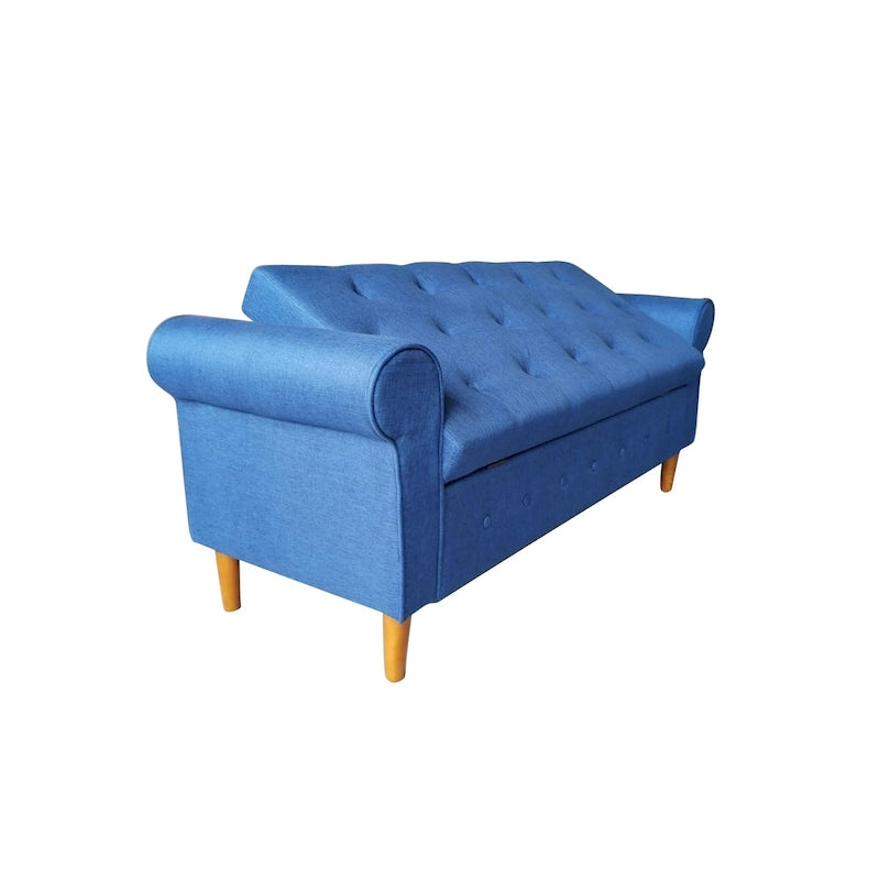 Banco de almacenamiento tapizado en tela gris/negro/beige/azul, con brazos enrollados, capacidad para 2 personas