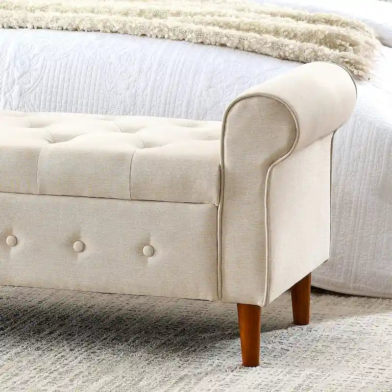 Banco de almacenamiento tapizado en tela gris/negro/beige/azul, con brazos enrollados, capacidad para 2 personas