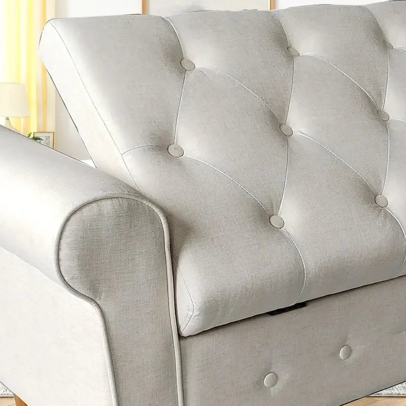 Banco de almacenamiento tapizado en tela gris/negro/beige/azul, con brazos enrollados, capacidad para 2 personas