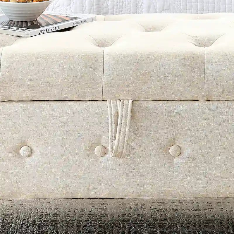 Banco de almacenamiento tapizado en tela gris/negro/beige/azul, con brazos enrollados, capacidad para 2 personas