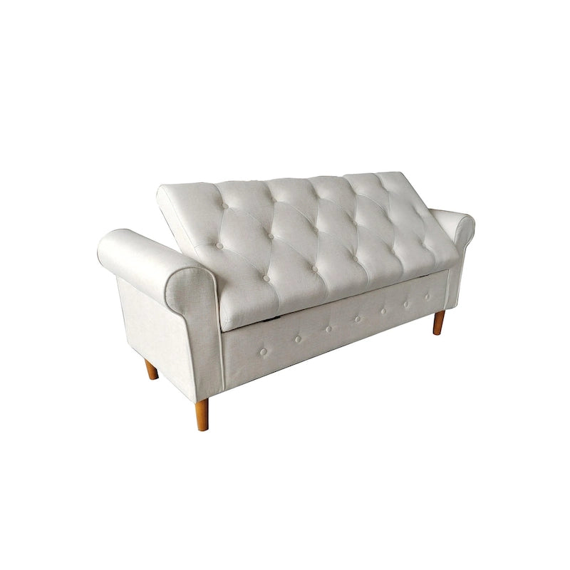 Banco de almacenamiento tapizado en tela gris/negro/beige/azul, con brazos enrollados, capacidad para 2 personas
