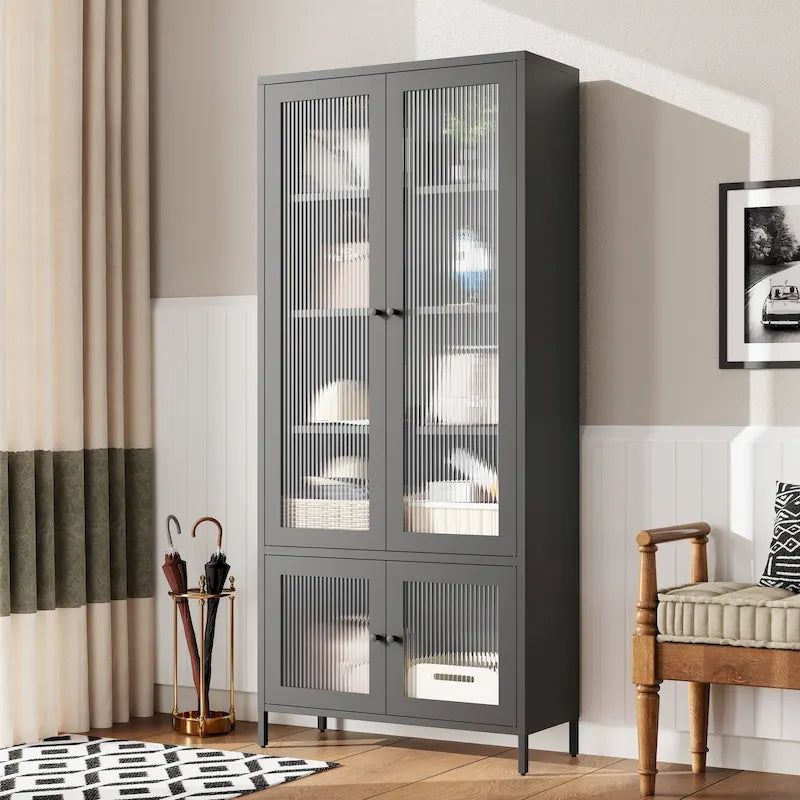 Mueble expositor de metal con puertas y cristal estriado negro/oscuro, 4 puertas, 5 estantes, 1 unidad