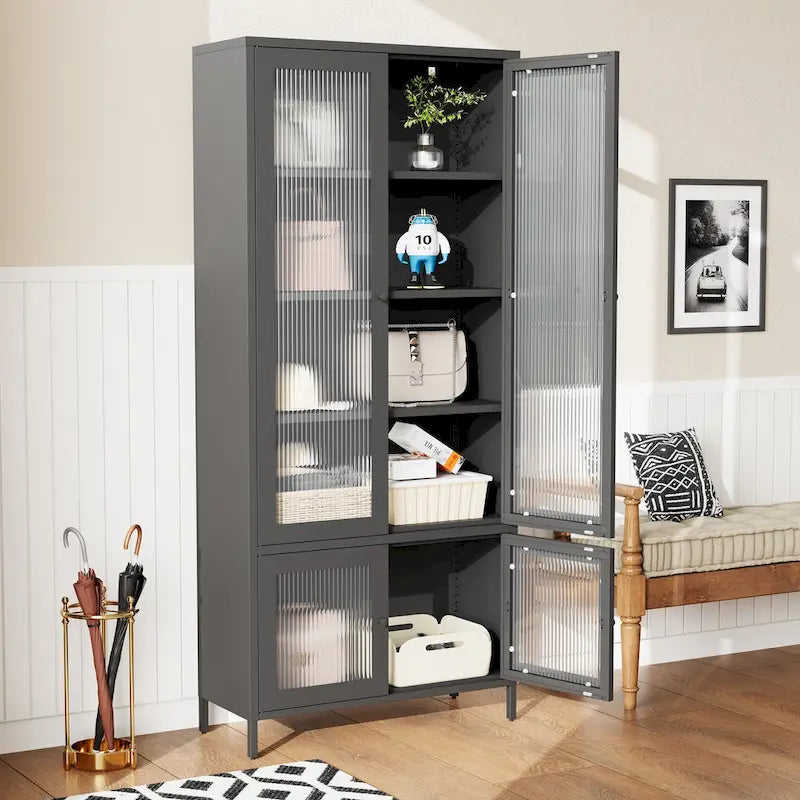 Mueble expositor de metal con puertas y cristal estriado negro/oscuro, 4 puertas, 5 estantes, 1 unidad