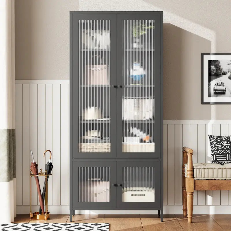 Mueble expositor de metal con puertas y cristal estriado negro/oscuro, 4 puertas, 5 estantes, 1 unidad