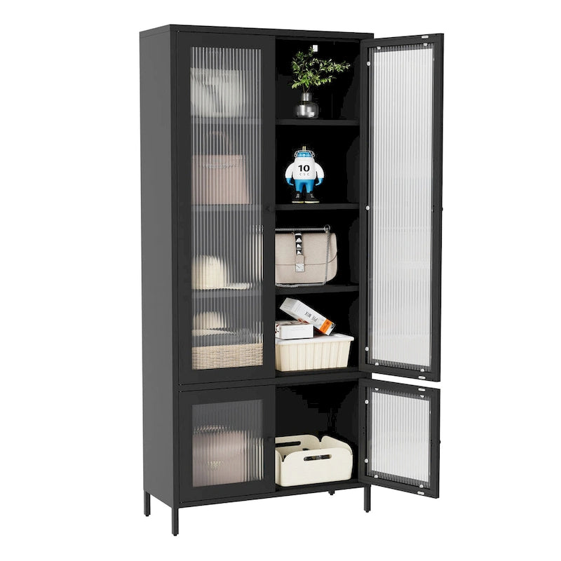 Mueble expositor de metal con puertas y cristal estriado negro/oscuro, 4 puertas, 5 estantes, 1 unidad