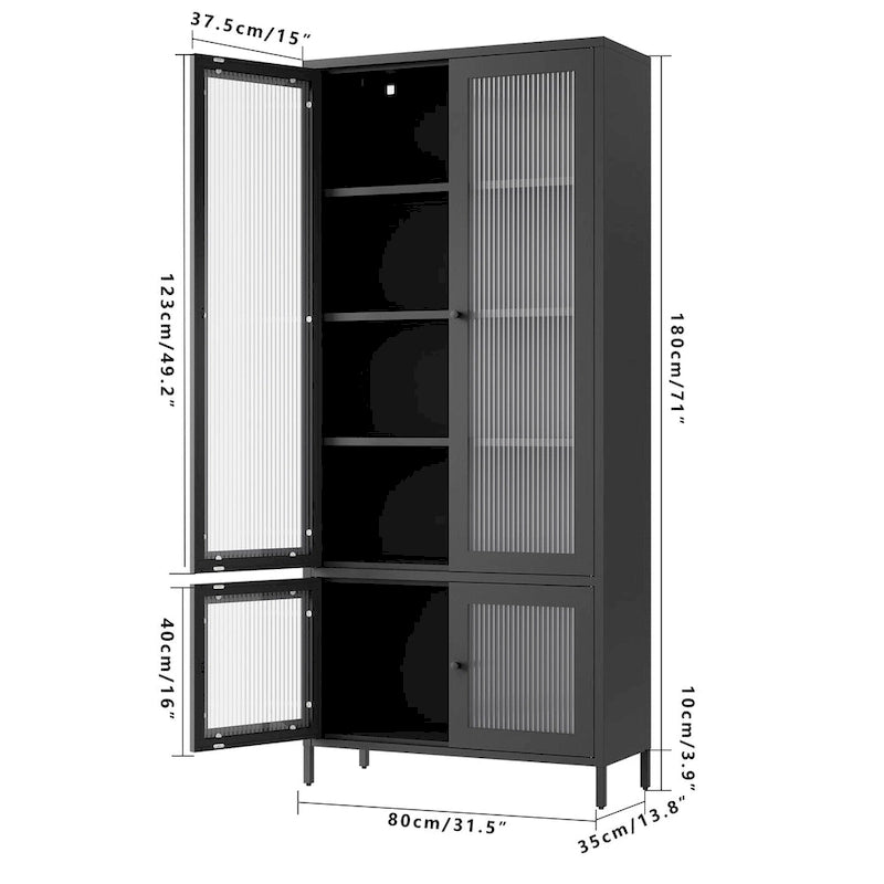 Mueble expositor de metal con puertas y cristal estriado negro/oscuro, 4 puertas, 5 estantes, 1 unidad