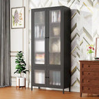 Mueble expositor de metal con puertas y cristal estriado negro/oscuro, 4 puertas, 5 estantes, 1 unidad