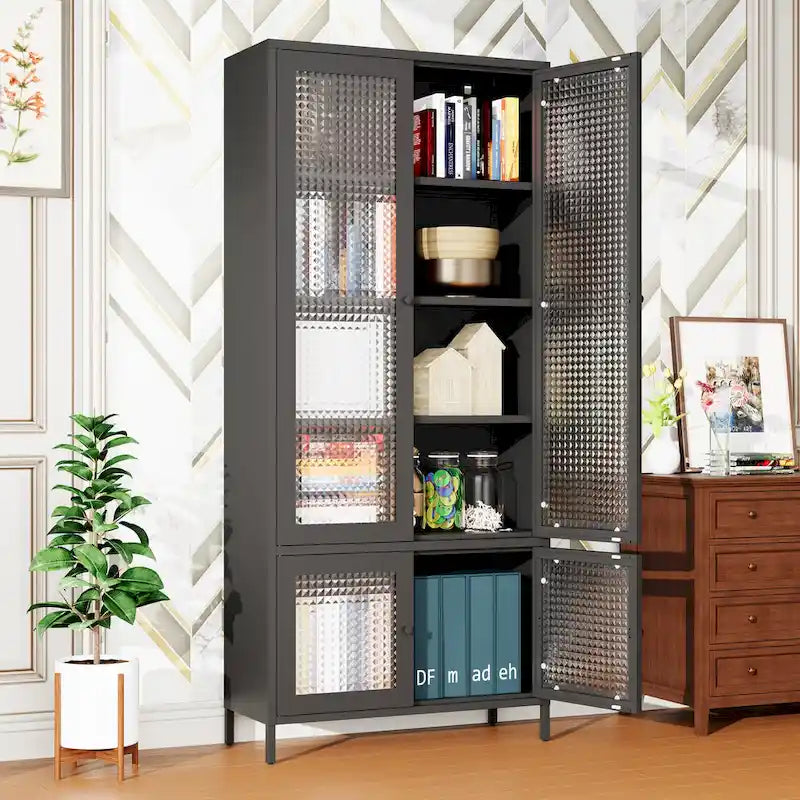 Mueble expositor de metal con puertas y cristal estriado negro/oscuro, 4 puertas, 5 estantes, 1 unidad