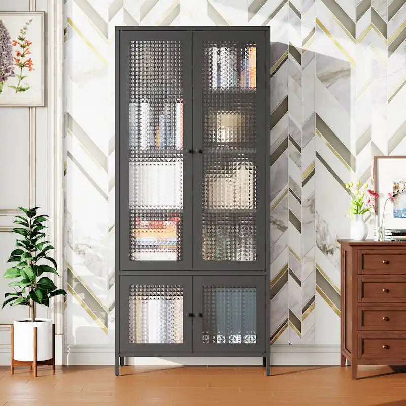 Mueble expositor de metal con puertas y cristal estriado negro/oscuro, 4 puertas, 5 estantes, 1 unidad