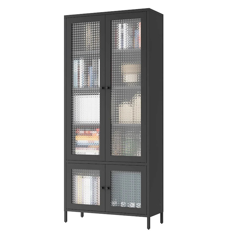 Mueble expositor de metal con puertas y cristal estriado negro/oscuro, 4 puertas, 5 estantes, 1 unidad