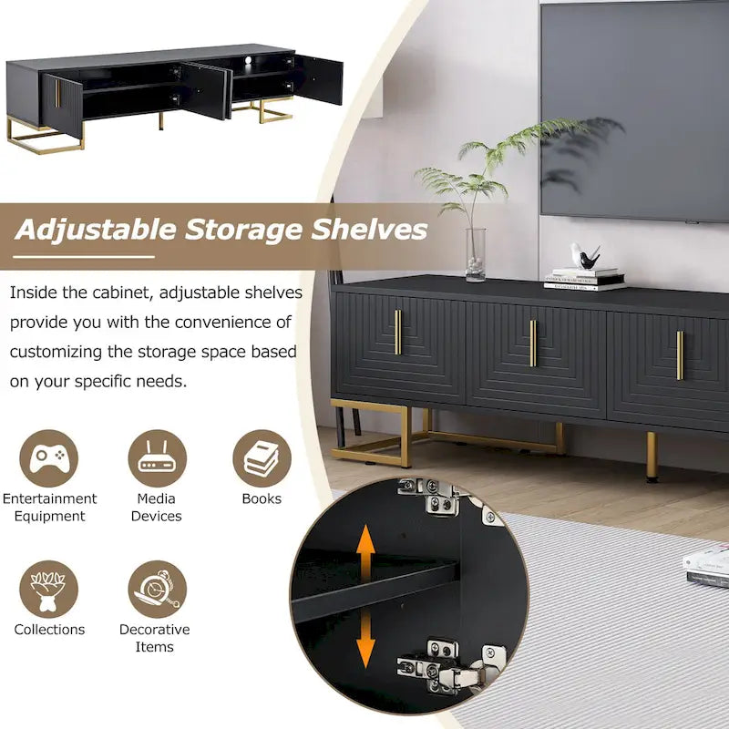 Mueble de TV Negro+Dorado con Manijas Doradas y Armarios para Televisores
