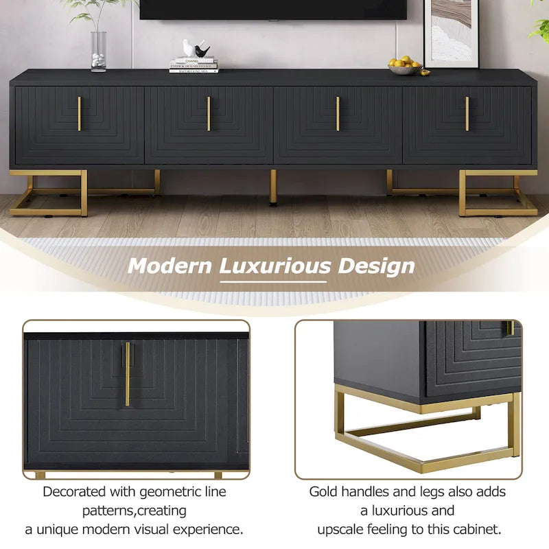 Mueble de TV Negro+Dorado con Manijas Doradas y Armarios para Televisores