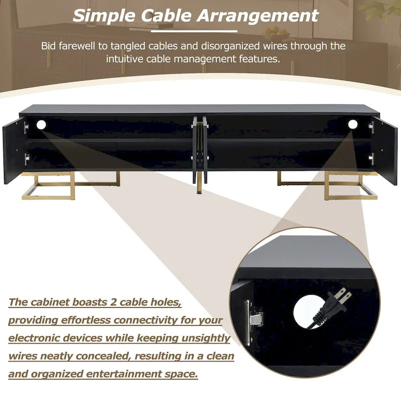 Mueble de TV Negro+Dorado con Manijas Doradas y Armarios para Televisores