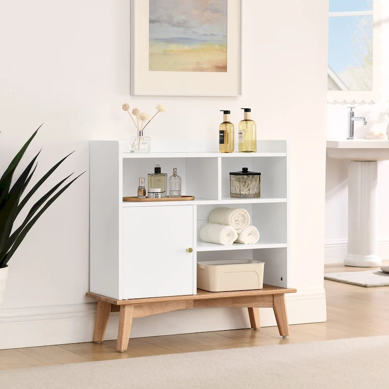Mueble de almacenamiento color roble y blanco roto – Mueble de suelo de 5 estantes para 1 espacio