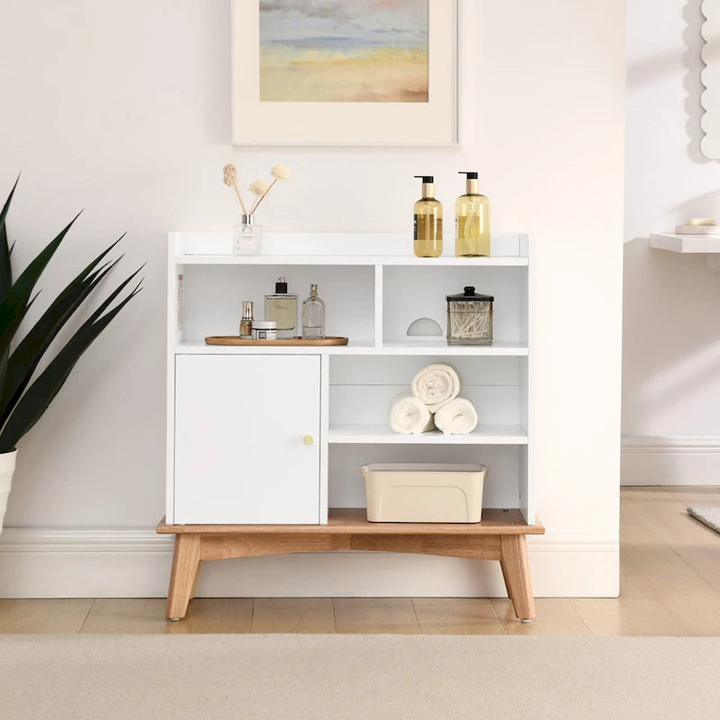 Mueble de almacenamiento color roble y blanco roto – Mueble de suelo de 5 estantes para 1 espacio