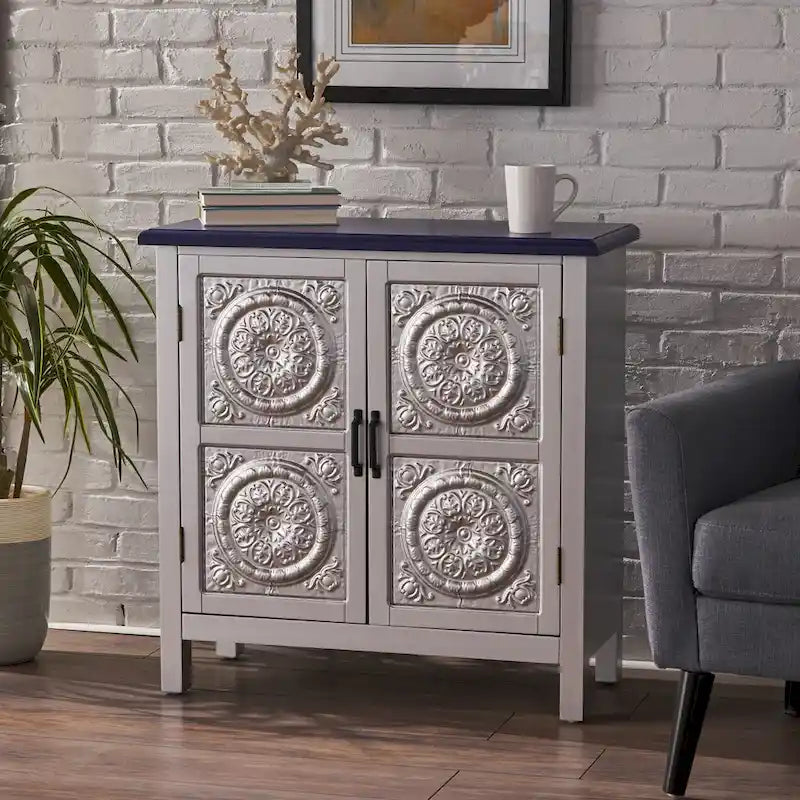 Mueble de almacenamiento con frontal de azulejos, marrón/azul marino, individual