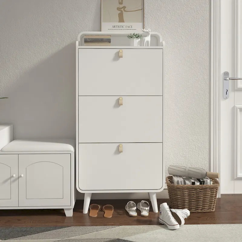 Zapatero blanco de 3 cajones con estilo de arco - Capacidad para hasta 18 pares