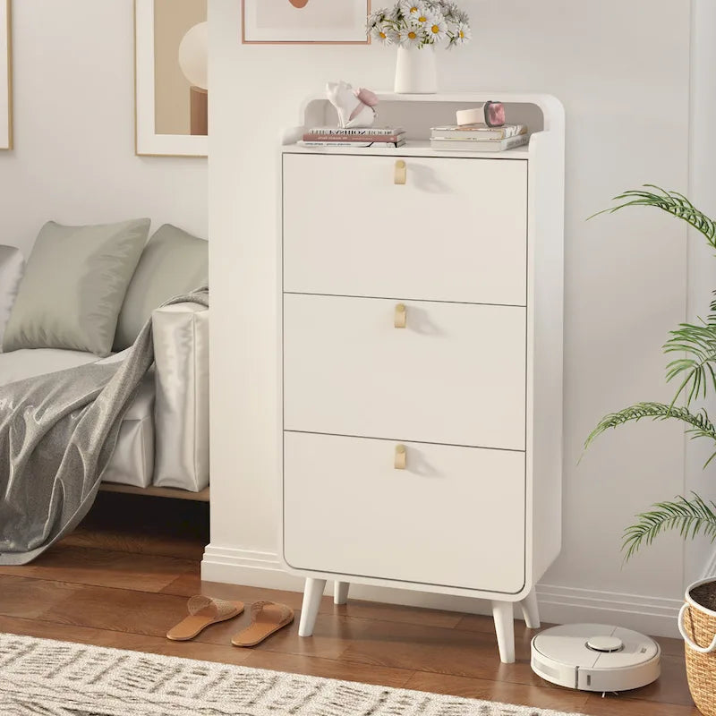Zapatero blanco de 3 cajones con estilo de arco - Capacidad para hasta 18 pares