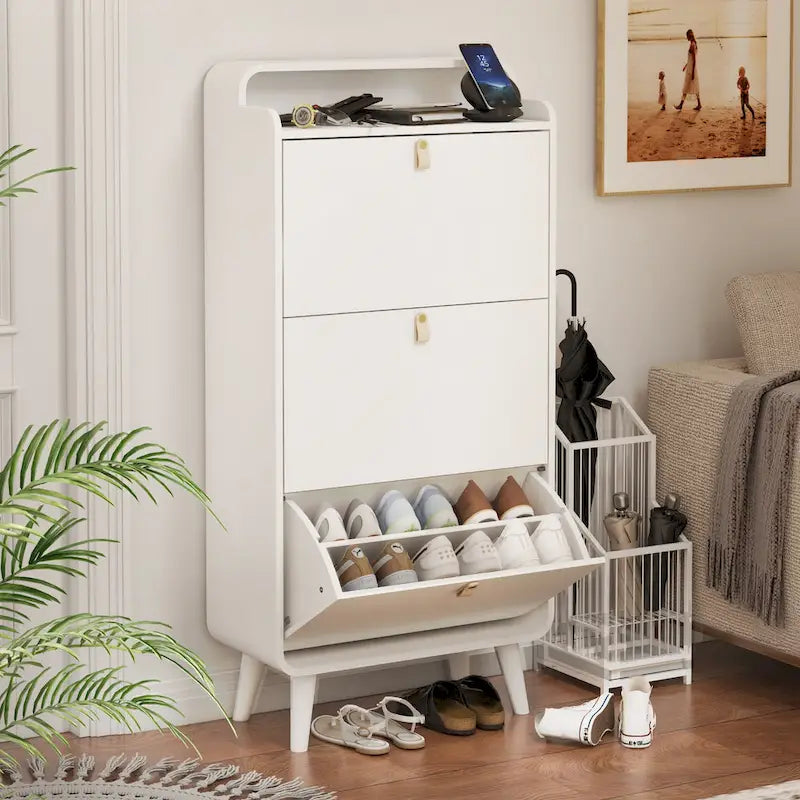 Zapatero blanco de 3 cajones con estilo de arco - Capacidad para hasta 18 pares