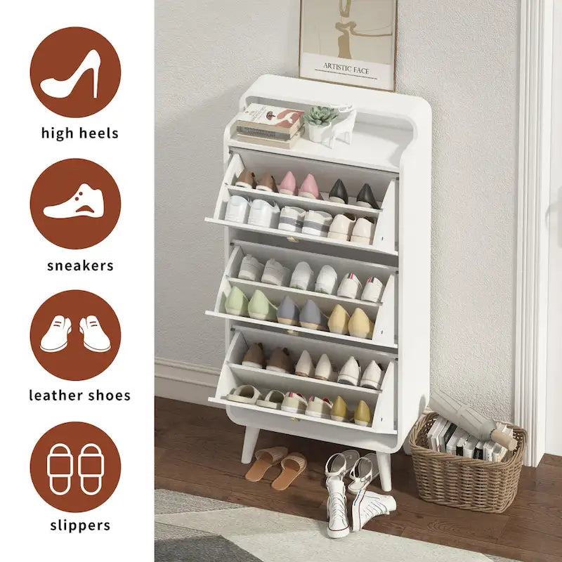 Zapatero blanco de 3 cajones con estilo de arco - Capacidad para hasta 18 pares