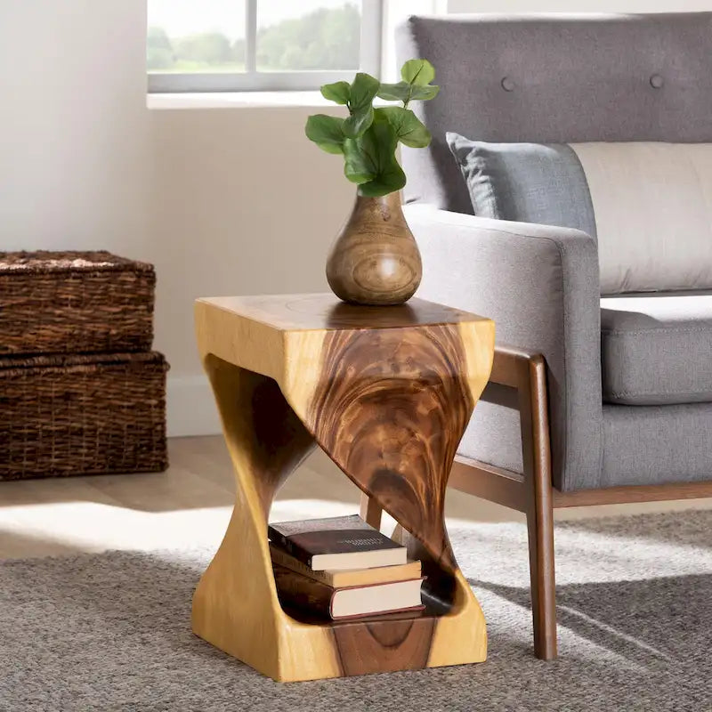 Mesa auxiliar de madera de Suar - Mesa decorativa escultural con diseño retorcido, estilo bohemio moderno para salón o dormitorio