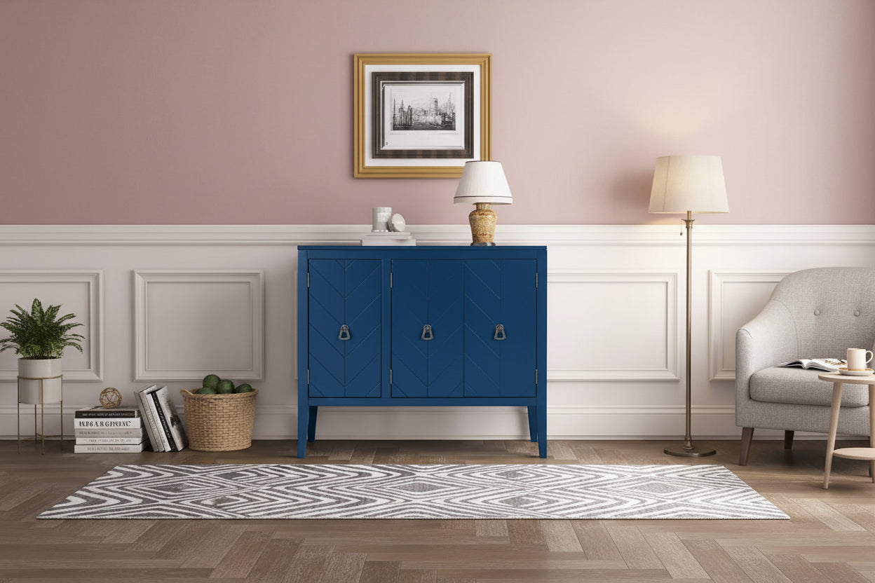 Aparador retro marrón, azul marino y gris con tiradores metálicos y patas de pino – Requiere montaje por 1 persona