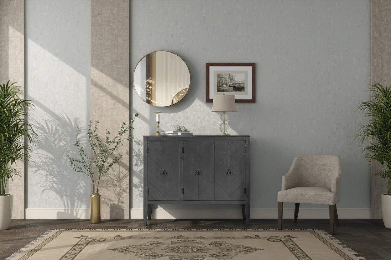 Adjustable Shelf Storage Sideboard with 3 Retro Metal Handles and 4 Pinewood Legs