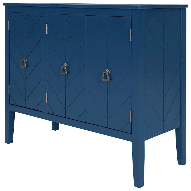Aparador retro marrón, azul marino y gris con tiradores metálicos y patas de pino – Requiere montaje por 1 persona
