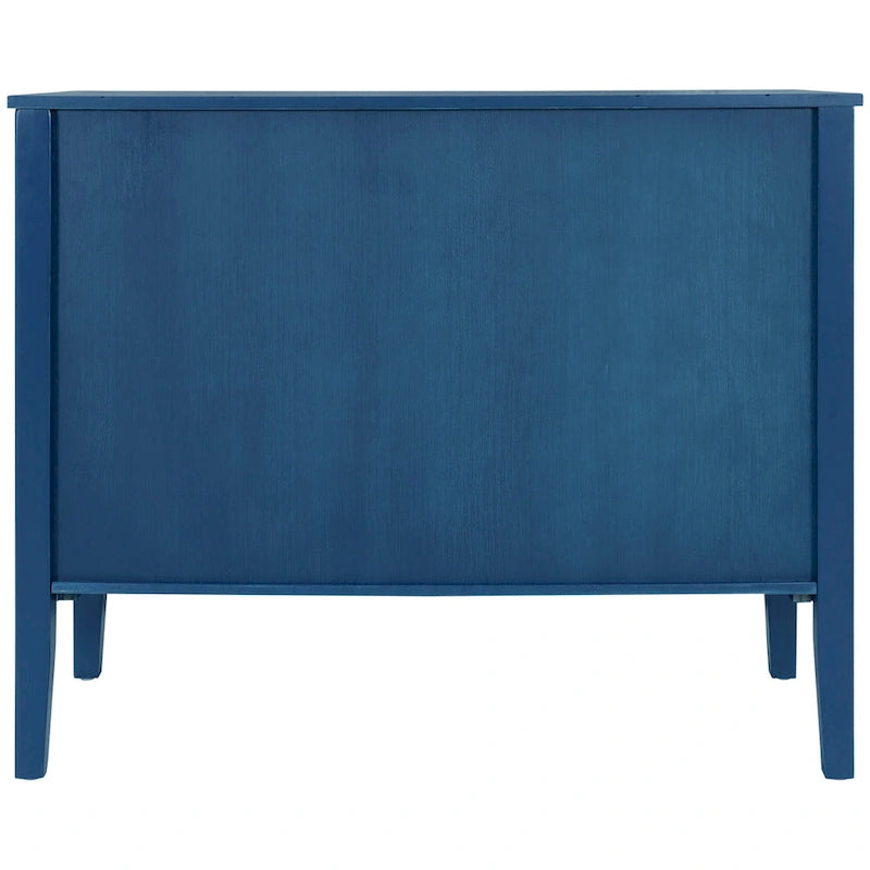 Aparador retro marrón, azul marino y gris con tiradores metálicos y patas de pino – Requiere montaje por 1 persona