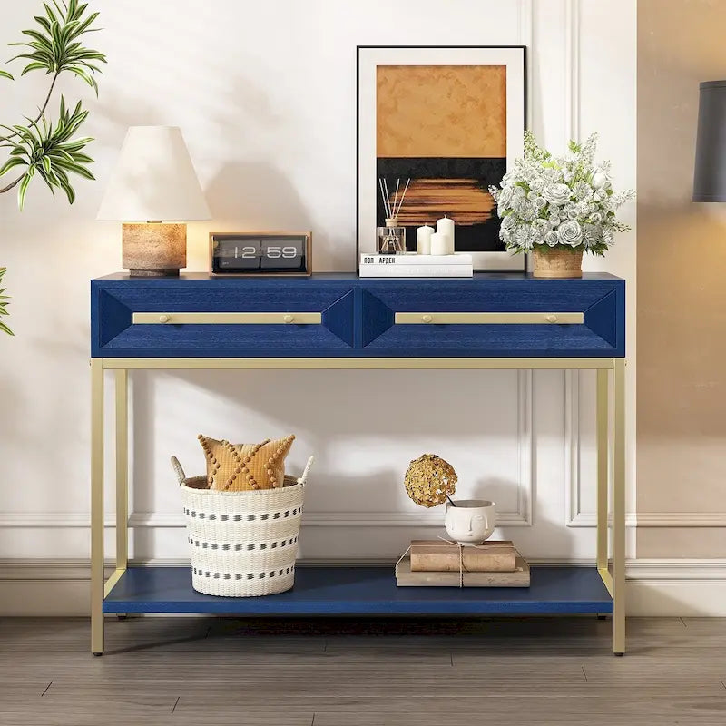 Mesa de entrada de madera con 2 cajones para sala de estar o recibidor