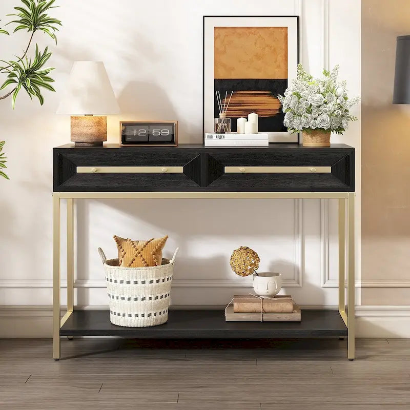 Mesa de entrada de madera con 2 cajones para sala de estar o recibidor