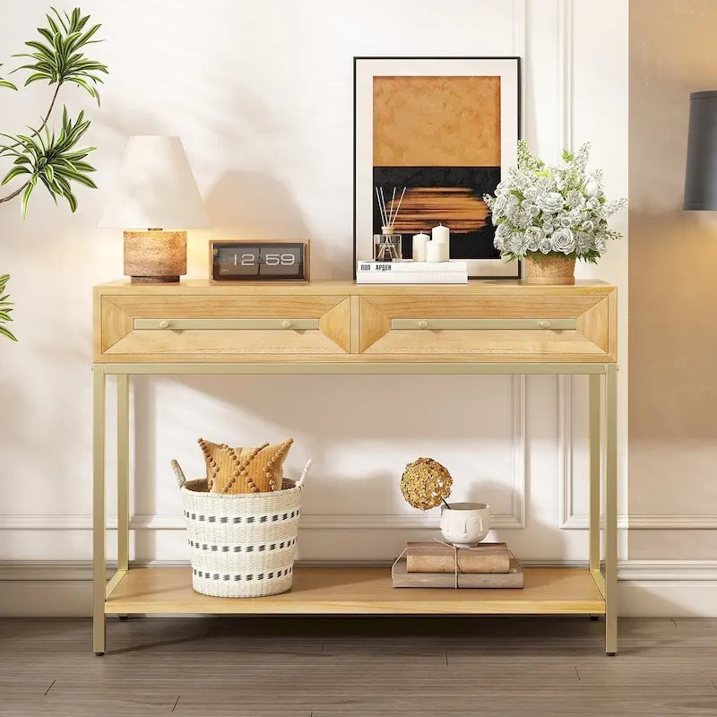 Mesa de entrada de madera con 2 cajones para sala de estar o recibidor