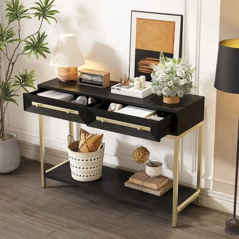 Mesa de entrada de madera con 2 cajones para sala de estar o recibidor