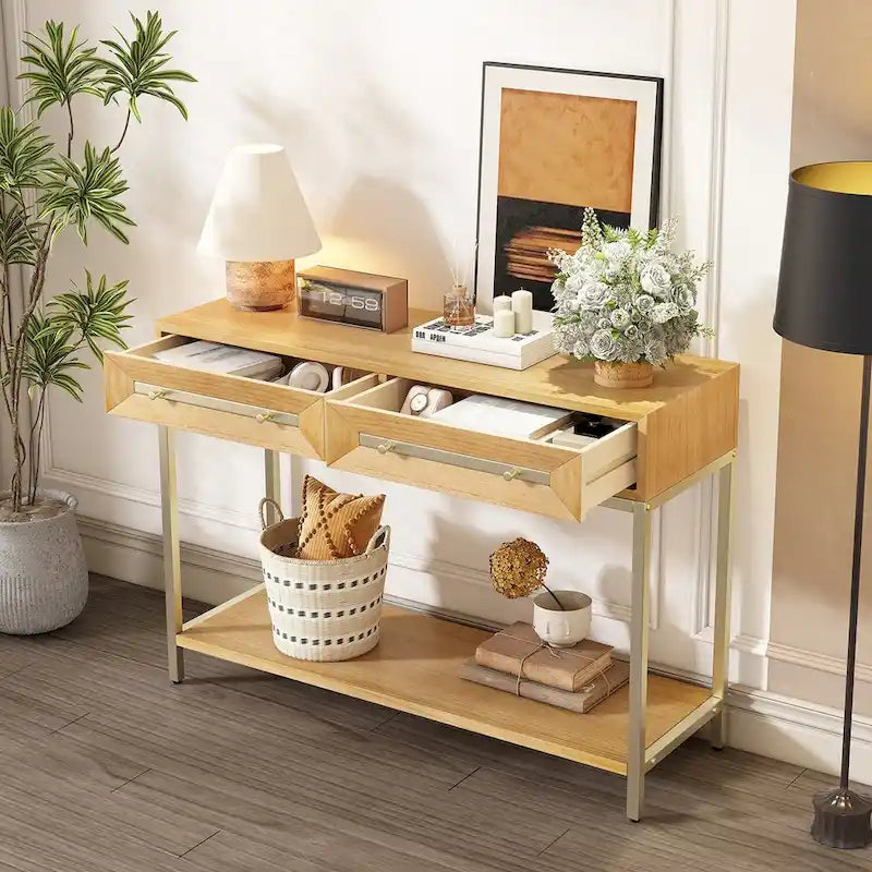 Mesa de entrada de madera con 2 cajones para sala de estar o recibidor
