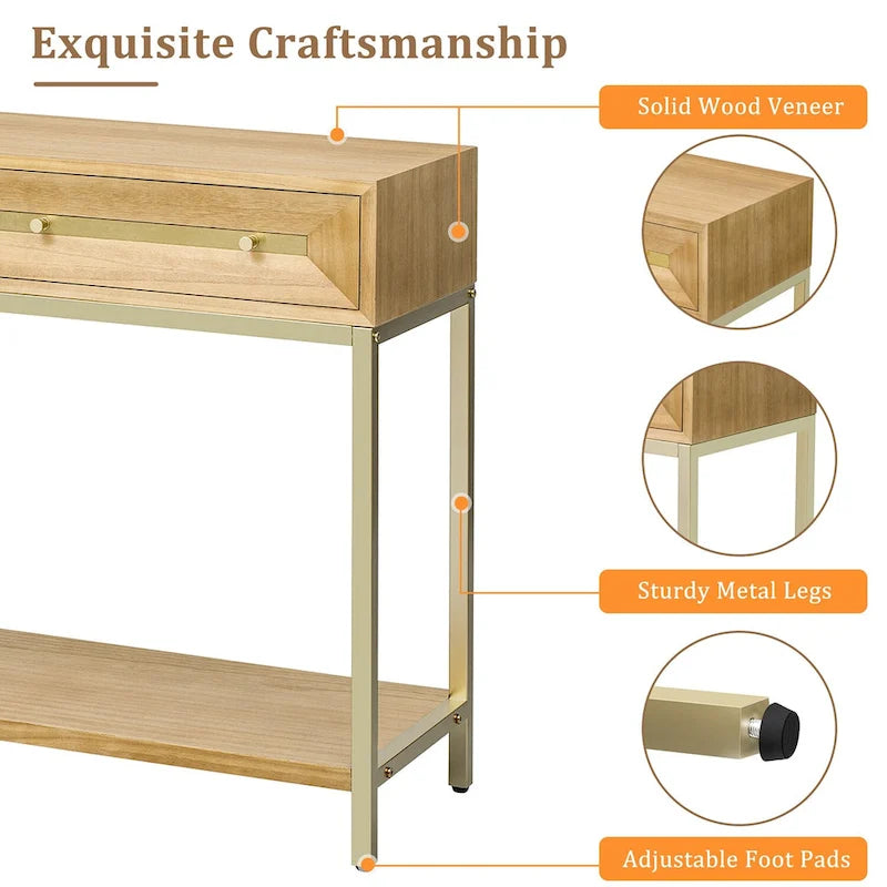 Mesa de entrada de madera con 2 cajones para sala de estar o recibidor