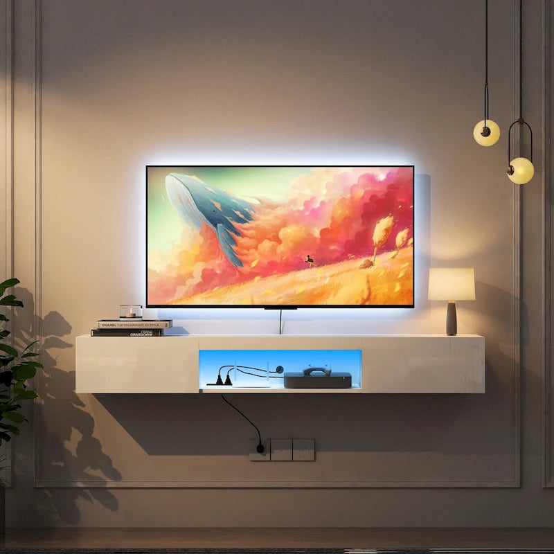 Mueble de TV flotante blanco de 63 pulgadas con almacenamiento, luces LED y toma de corriente para televisores de hasta 60 pulgadas