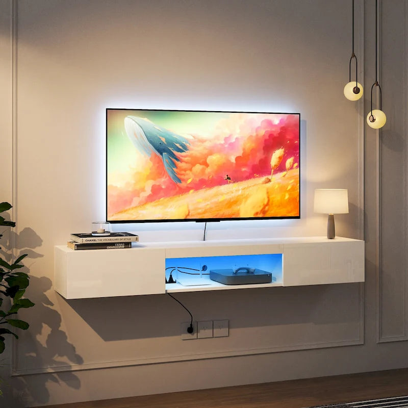 Mueble de TV flotante blanco de 63 pulgadas con almacenamiento, luces LED y toma de corriente para televisores de hasta 60 pulgadas