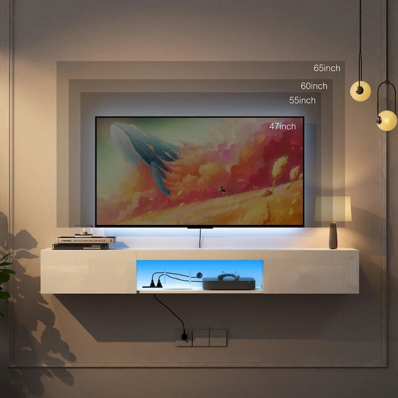 Mueble de TV flotante blanco de 63 pulgadas con almacenamiento, luces LED y toma de corriente para televisores de hasta 60 pulgadas