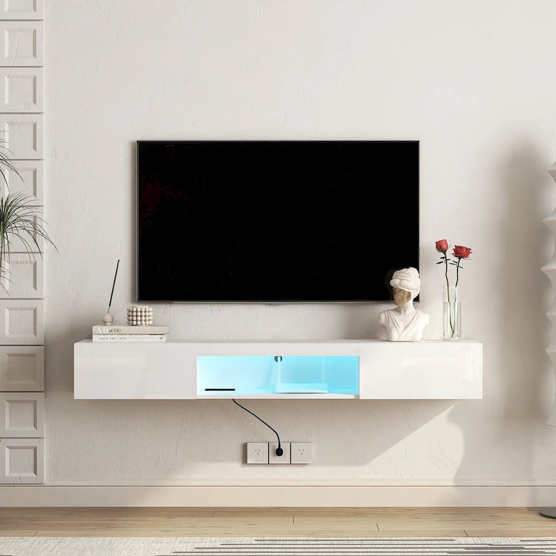 Mueble de TV flotante blanco de 63 pulgadas con almacenamiento, luces LED y toma de corriente para televisores de hasta 60 pulgadas