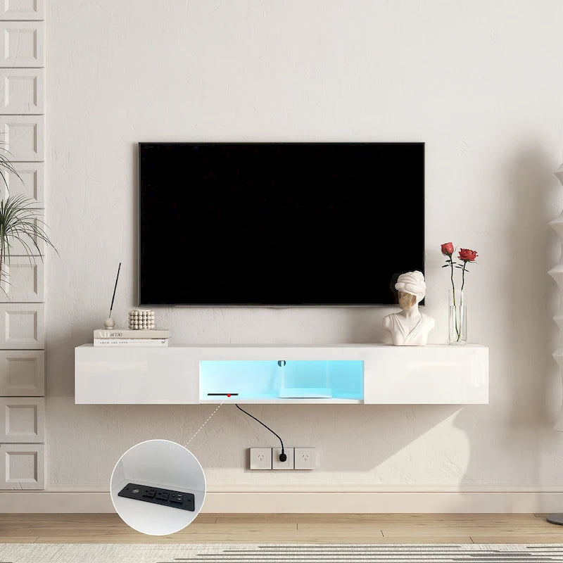 Mueble de TV flotante blanco de 63 pulgadas con almacenamiento, luces LED y toma de corriente para televisores de hasta 60 pulgadas